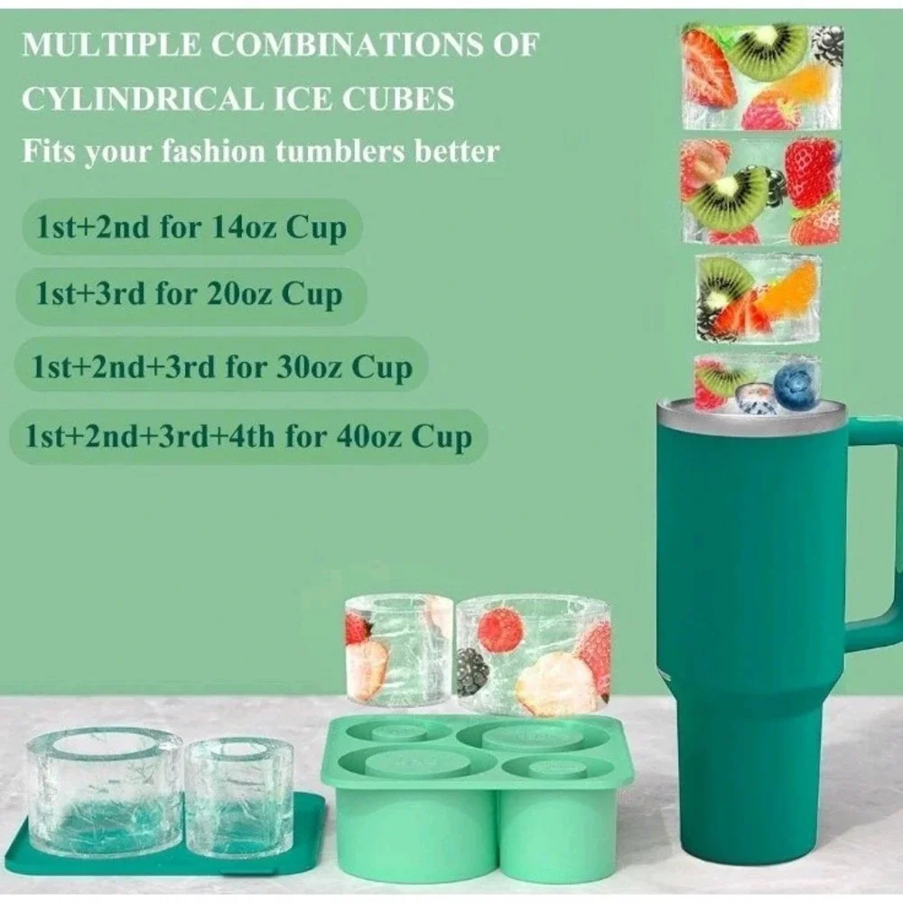 Stanley Tumbler Silicone Cylinder Large Ice Cube Mold Tray Set, 4 Hole, Green